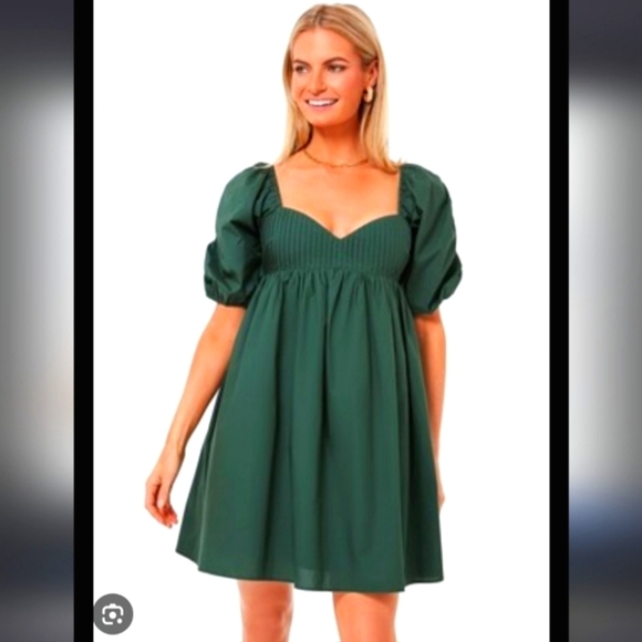HYACINTH HOUSE Sasha Babydoll Mini Dress Emerald Puff Sleeves Square Neck Sz LG - Picture 5 of 14